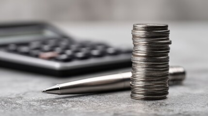 The stacked coins with a calculator and pen in a financial setting.