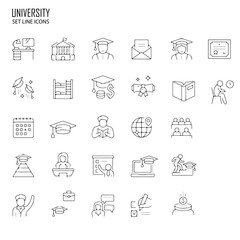 Collection of simple and modern university line icons in minimal outline style. Includes symbols of graduation cap, diploma, book, library, university building, microscope, globe, lecture podium, back