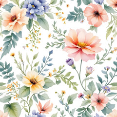 Obraz premium Watercolor floral pattern hand-painted wildflowers and leaves with ribbon on background for wallpaper&nbsp;and&nbsp;fabric