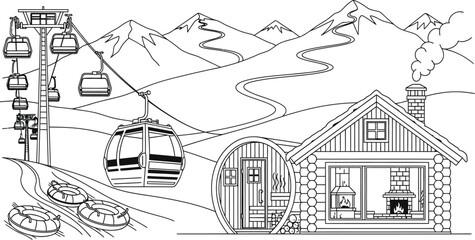 Winter mountain ski resort scene with a log cabin, gondola lift, and outdoor sauna. Vector coloring book page for adults and kids
