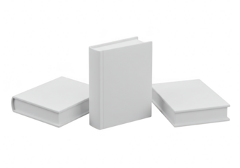 Three blank white books isolated on transparent background