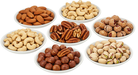 Assortment of nuts in bowls transparent background