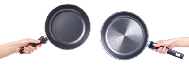 Two Hands Holding Frying Pans Against White Background Showcasing Different Sides And Textures Ideal For Culinary Themes