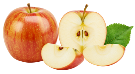 Red apple halved with slices and leaf transparent background
