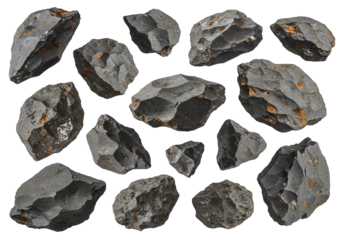 Collection of dark gray stones with rough textures isolated on transparent background