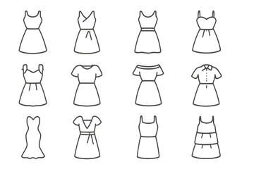 Dress line icon set. Woman clothes collection. Summer dresses outline symbols for web, apps. Fashion garment, apparel sign. Sundress, cocktail, evening gown vector pictogram.