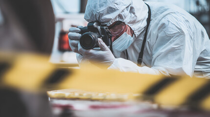 A Forensic Photographer Captures Evidence at a Crime Scene with Caution and Precision