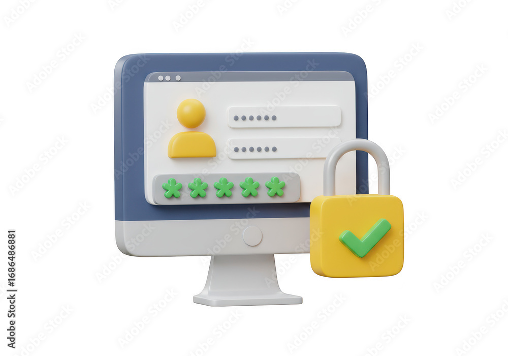 Poster computer screen with login form and padlock isolated on transparent background