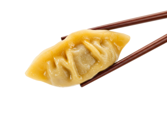 Single steamed dumpling held by chopsticks on transparent background