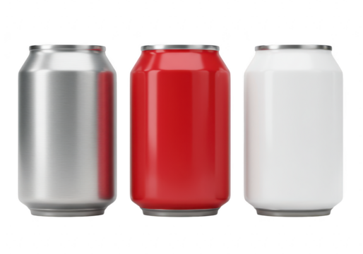 Three beverage cans in silver, red, and white isolated on transparent background