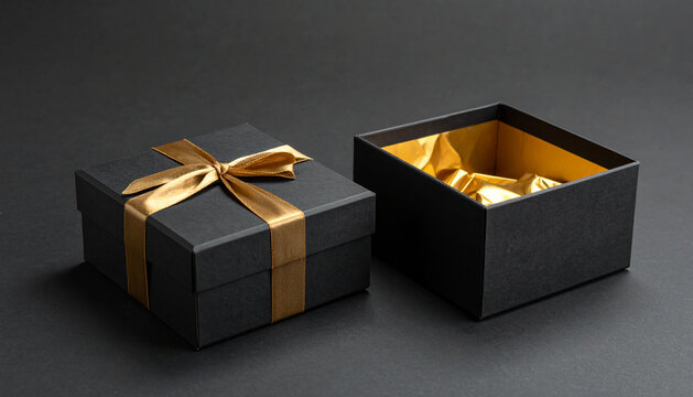 Elegant open black gift box with golden ribbon and luxurious satin lining, presented on a dark background - Powered by Adobe