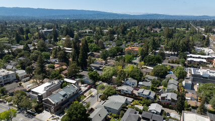 Aerial view of a residential neighborhood in Menlo Park, California, USA.