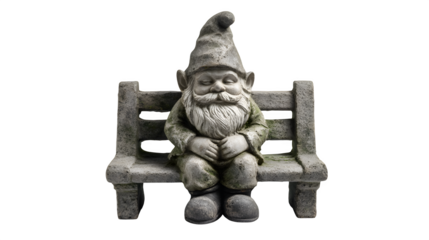 Stone garden gnome, small, traditional, sitting on the bench, isolated on Transparent background,