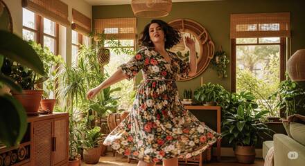 Happy lifestyle concept with beautiful woman dancing in cozy home interior, carefree female in floral dress enjoying weekend in living room with many plants