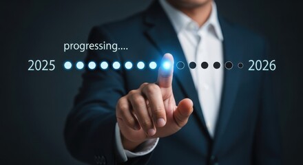 A man in a suit points to a progress bar indicating advancement towards the year 2026