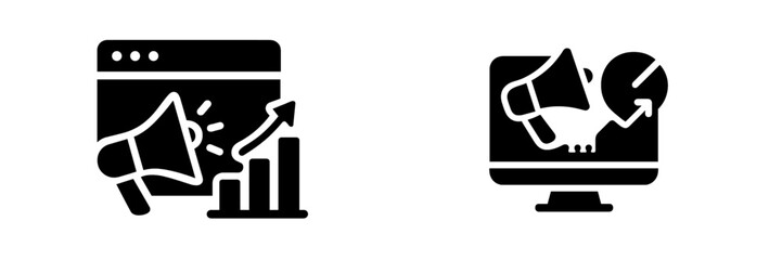 Digital marketing concepts represented through icons showing growth metrics and online advertising strategies