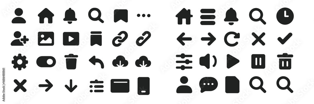 Poster black icons representing various digital functions displayed on a grid pattern with clear symbolism