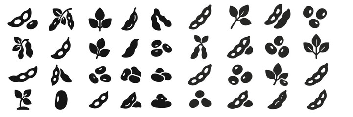 Creative black silhouette illustrations of various bean shapes and leaf designs for graphic use and artistic projects