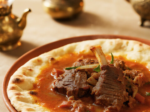Authentic 7th-century Arabian tharid, lamb stew served with flatbread in a rustic clay dish
