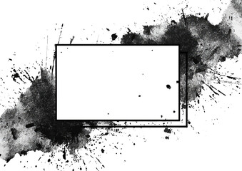 Abstract black and white image with a blank rectangular frame.  Splashes of ink or paint surround a clean, white, rectangular area