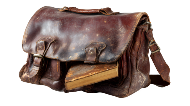 Worn leather satchel, partially open, with a book peeking out, isolated on Transparent background,