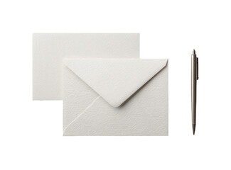 Two blank white cards and matching envelopes, alongside a pen
