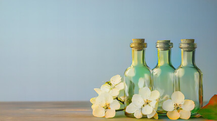 Minimalist spring decoration with delicate apricot blossom branches in clear glass bottles on a bright background, natural floral still life with soft light and shadows