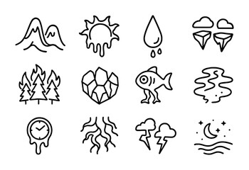 Surreal Climate Icons. Outline icon set of dreamlike climate change imagery: warped mountains, melting sun,