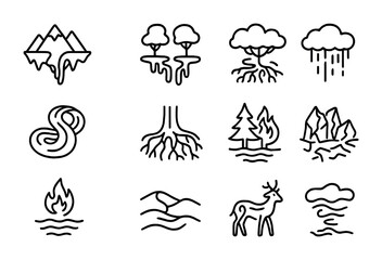 Fototapeta premium Surreal Climate Icons. Outline icon set of surreal climate landscapes: upside-down mountains, melting river,