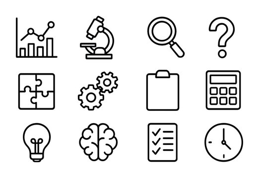 Analytical Icon Set. Outline icon set of analytical thinking: chart, microscope, magnifying glass, question