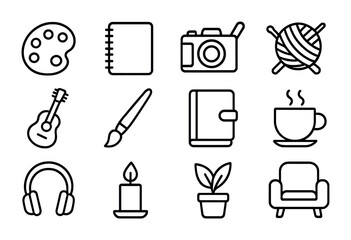 Creative Hobby Icons. Outline icon set of solo creative time: paint palette, notebook, camera, knitting yarn,