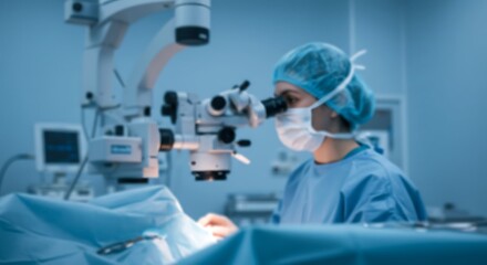 A professional surgeon performing a precise medical procedure with a high-tech surgical microscope