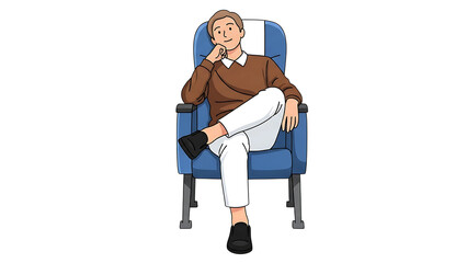 Illustration of man sitting in chair with hand on chin thinking relaxing in blue armchair art drawing