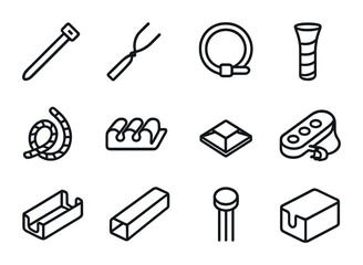 Cable Management Icons. Outline icon set of cable management tools: cable tie, twist tie, Velcro band, cord