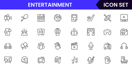 Entertainment vector line icons featuring music, movies, theater, games, concerts, cameras, tickets, popcorn, stages, and fun activities symbols.