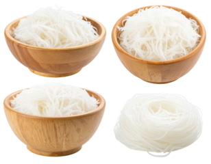 Assorted Angles of Rice Noodles in Wooden Bowls on Transparent Background Illustrating Culinary Presentation and Texture