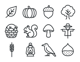 Autumn Icons Grid. Outline icon set of autumn-inspired art: falling leaf, pumpkin, acorn, oak tree, harvest