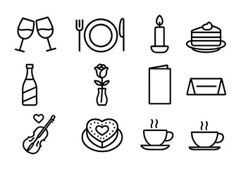 Romantic Dining Icons. Outline icon set of romantic dining: wine glasses, dinner plate, cutlery, candle,