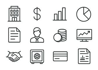 Corporate Finance Icons. Outline icon set of corporate finance: company building, dollar sign, bar chart, pie