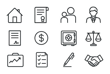 Estate Planning Icons. Outline icon set of estate planning: house, inheritance document, family symbol, lawyer