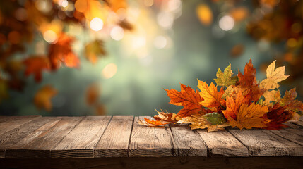 Autumn background with colorful fall leaves on rustic wooden table against blurred forest bokeh, seasonal nature still life with warm golden tones