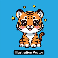 Adorable kawaii tiger cub with big sparkling eyes and stars, a cute cartoon animal character vector illustration