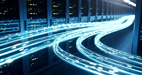 Data center server room with fiber optic cables transmitting data fast and secure - Powered by Adobe