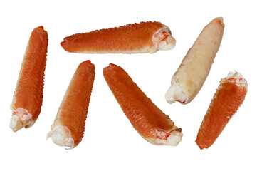 Six cooked red crab legs arranged on white background, ideal for seafood concepts, menus, or culinary design projects