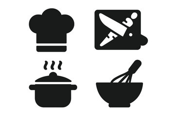 Cooking tools and chef icons showcase culinary activities in a minimalist design
