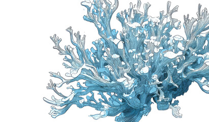 Abstract, intricate, branching, icy structure.  Light teal and white, resembling a frozen coral or lichen