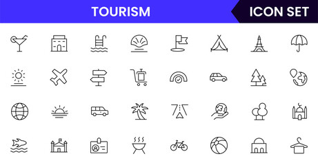Tourism vector line icons featuring landmarks, airplanes, suitcases, maps, hotels, cameras, travel guides, beaches, and sightseeing activities symbols.