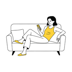 Relaxed Woman Sitting on Sofa Using Smartphone in Flat Vector Illustration