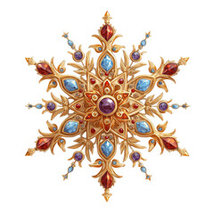 Ornate, golden snowflake brooch, adorned with jewels