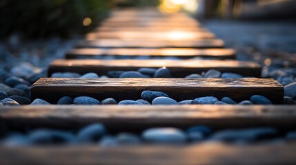 Wooden pathway surrounded by smooth pebbles.